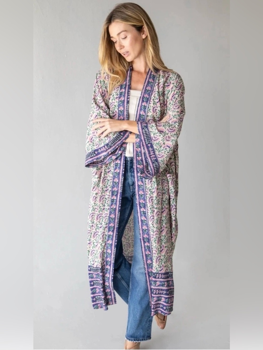 NATURAL LIFE Pink and Purple Floral Open Front Kimono Duster